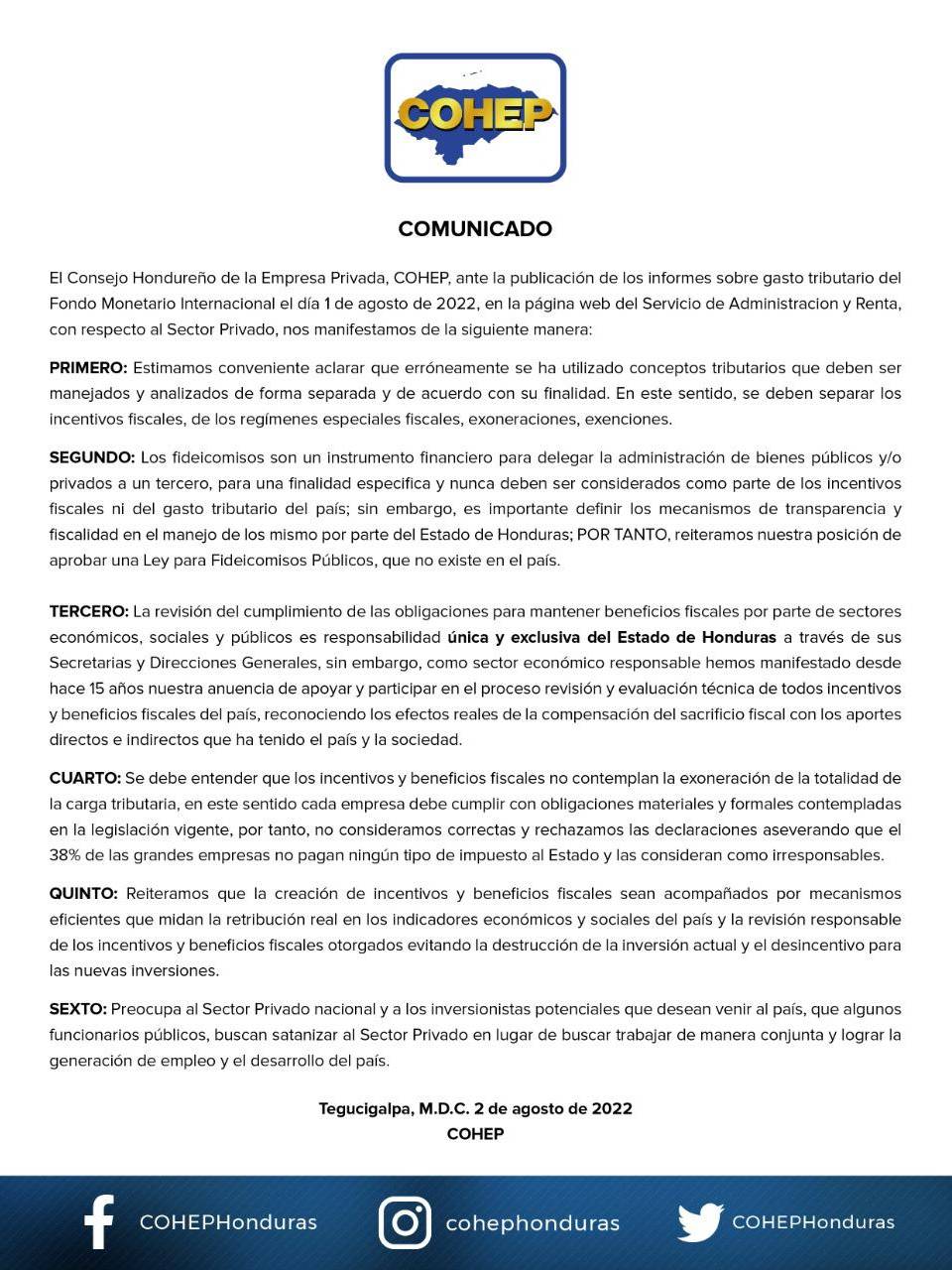 Cohep rechaza que 38% de las grandes empresas en Honduras no pagan impuesto