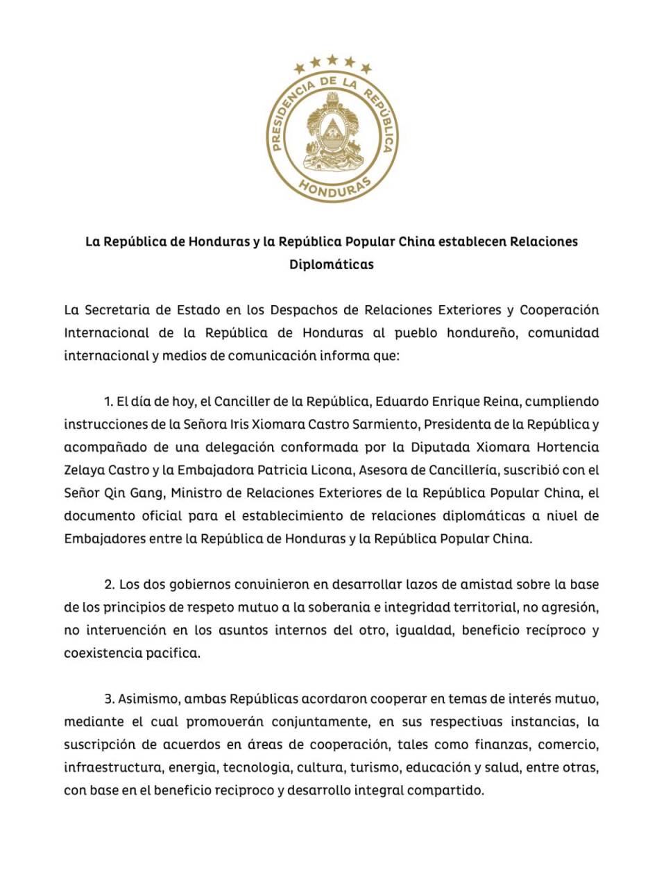 Tras romper lazos con Taiwán, Honduras oficializa relaciones diplomáticas con China