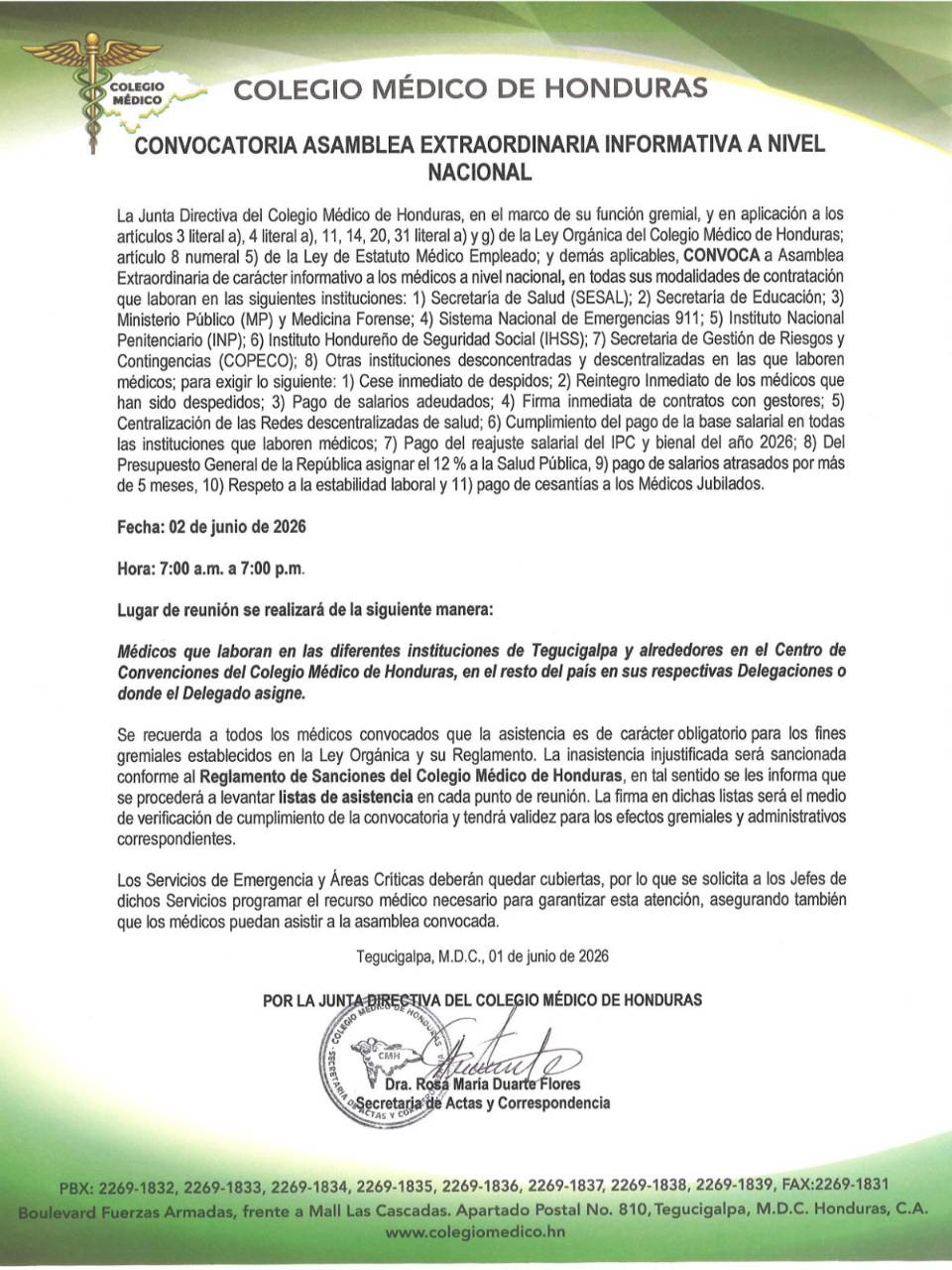El CMH anunció que para este martes 2 de junio se mantendrán las asambleas informativas a nivel nacional.