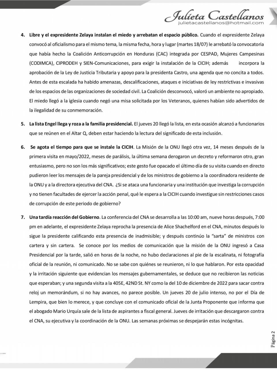 Julieta Castellanos defiende a Alice Shackelford: “Hoy recibe ataques de la maquinaria del poder”