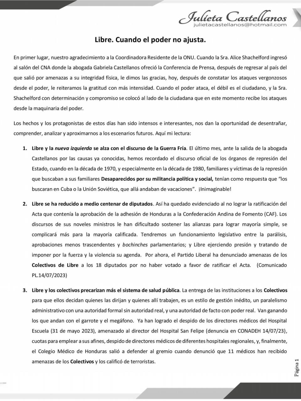 Julieta Castellanos defiende a Alice Shackelford: “Hoy recibe ataques de la maquinaria del poder”