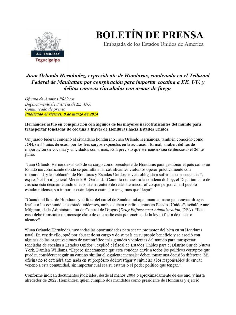 $!Embajada de EUA tras veredicto de JOH: “Conspiró para traficar más de 400 toneladas de cocaína”