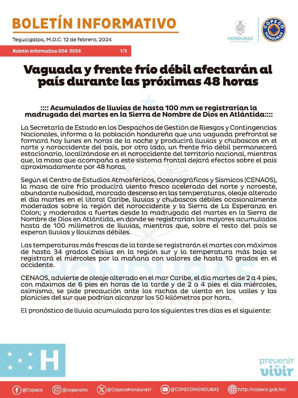 Vaguada y frente frío ingresará a Honduras este lunes