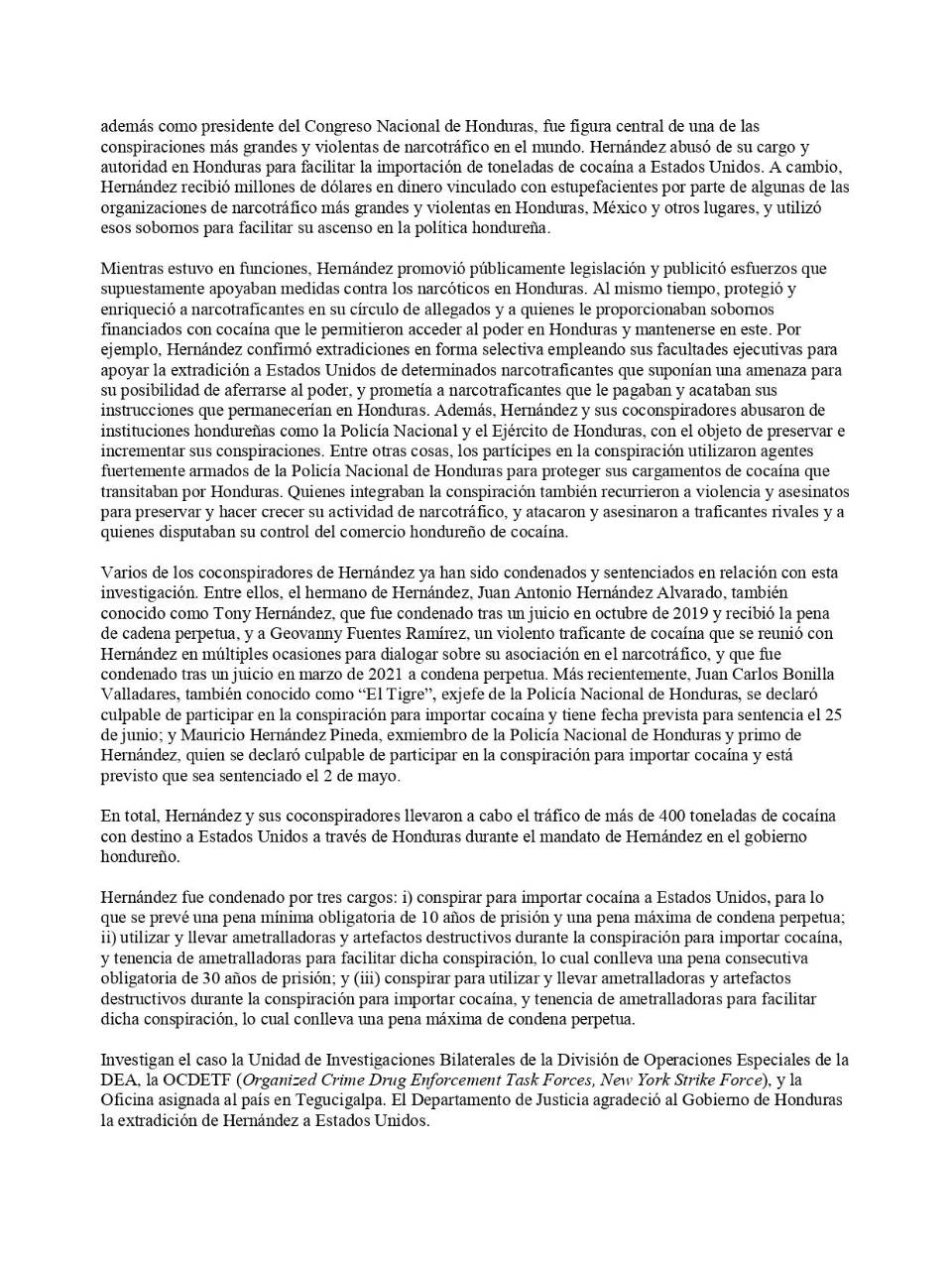 $!Embajada de EUA tras veredicto de JOH: “Conspiró para traficar más de 400 toneladas de cocaína”