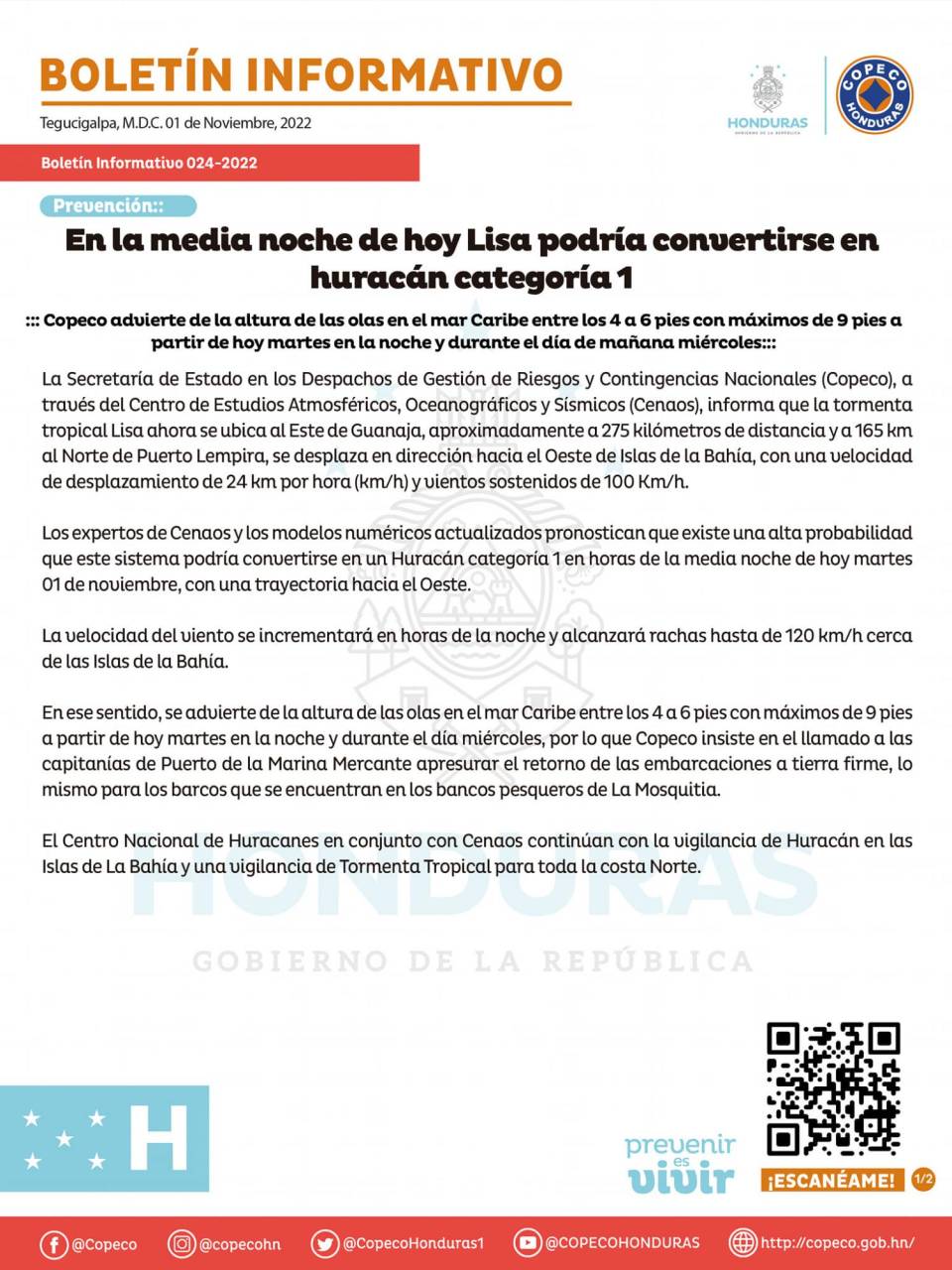 Boletín informativo de Copeco, emitido a las 5:00 de la tarde.