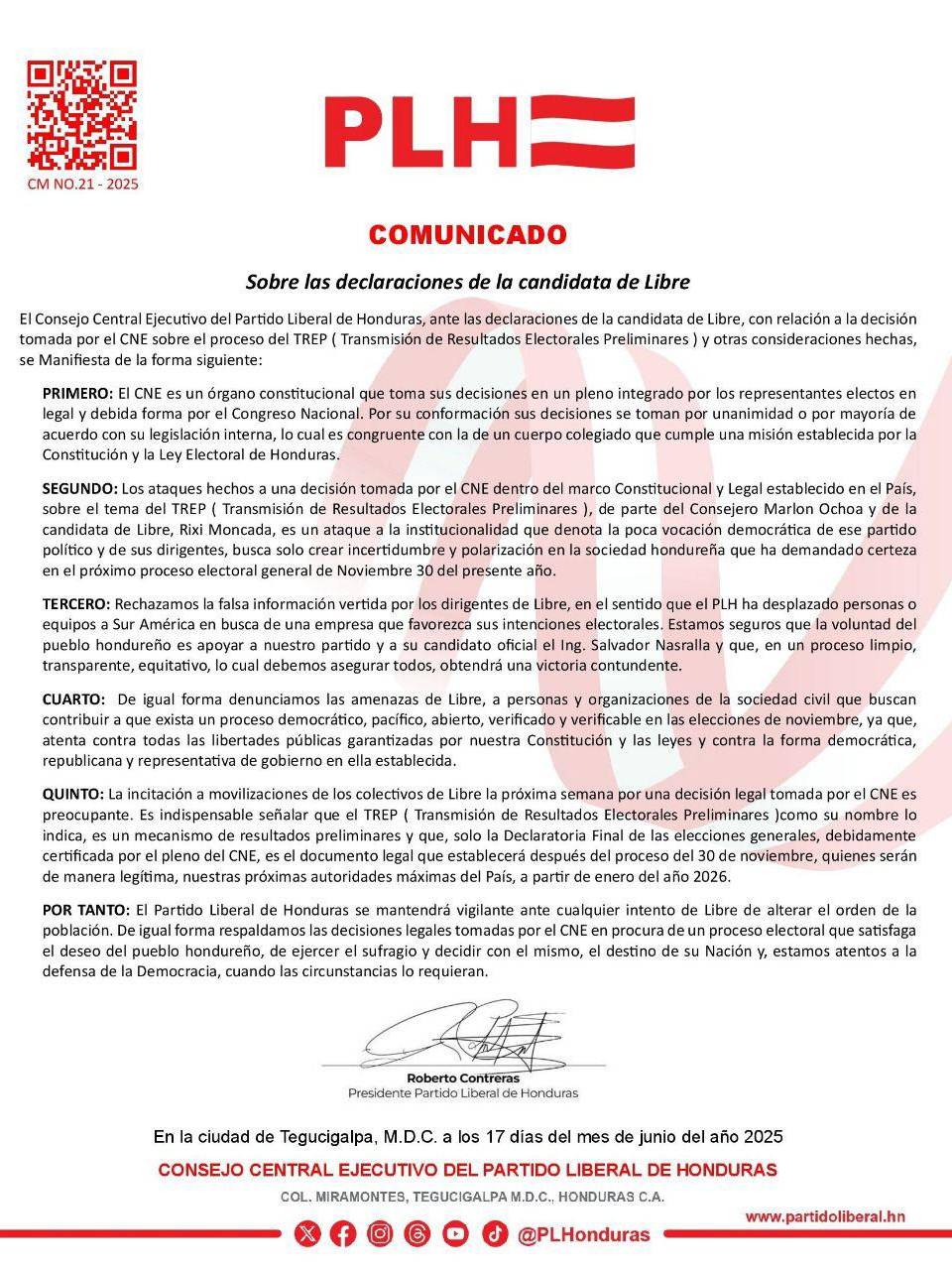 Partido Liberal rechaza críticas de Libre al CNE y defiende el proceso de TREP