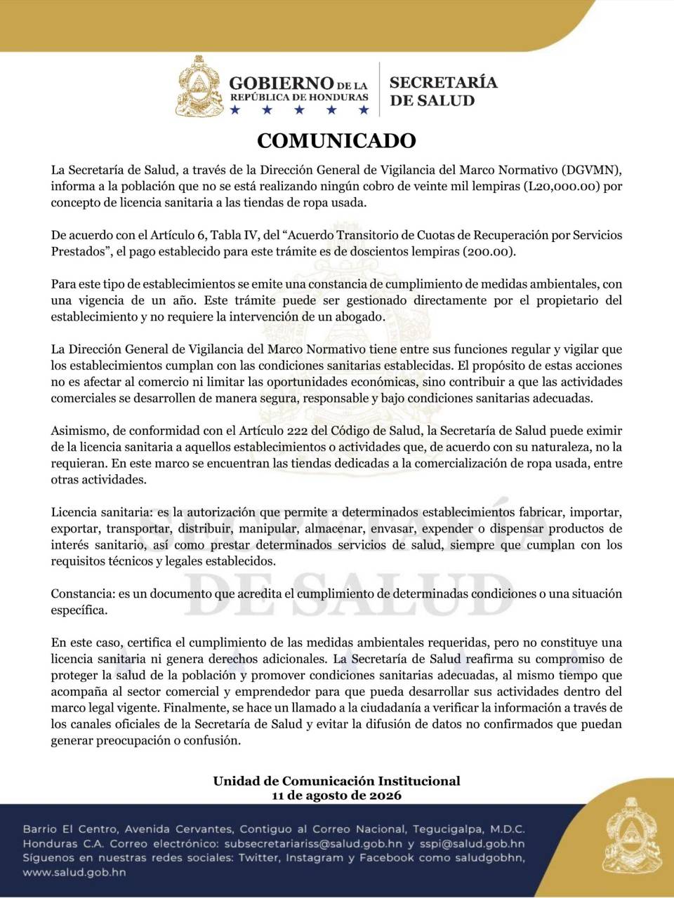 En el comunicado las autoridades sanitarias aclararon que no están cobrando 20,000 lempiras a las tiendas de ropa usada.