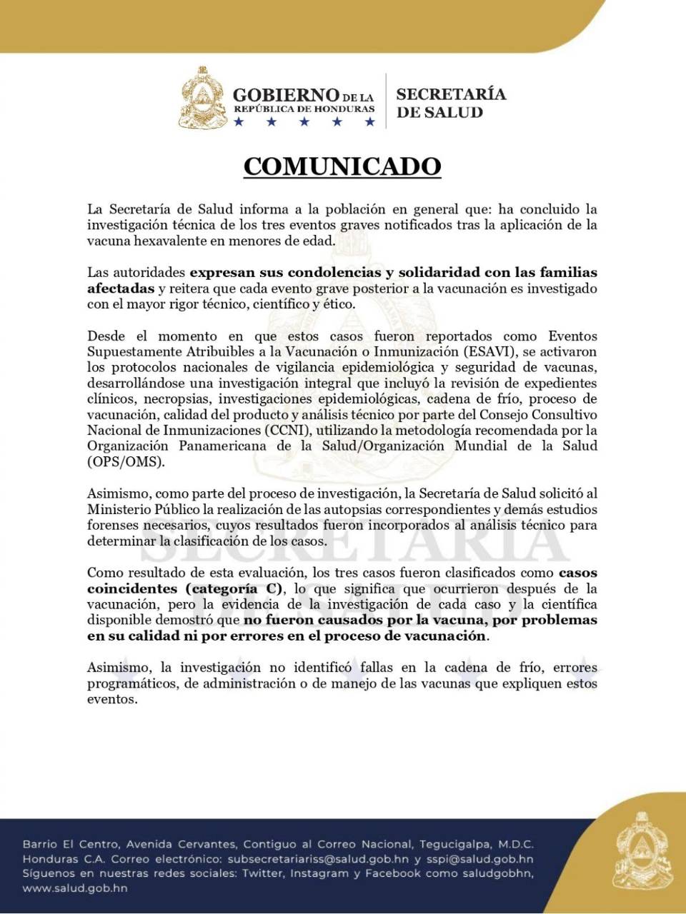 A través de un comunicado, las autoridades sanitarias dieron a conocer que el fallecimiento de las tres menores fue causada por enfermedades naturales.