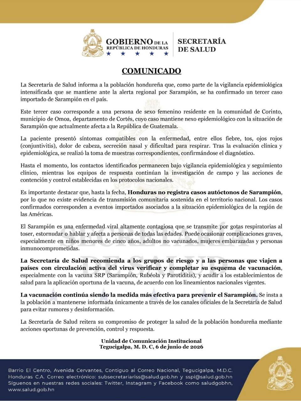 La Secretaría de Salud confirmó este sábado el tercer caso importado de sarampión en el territorio.