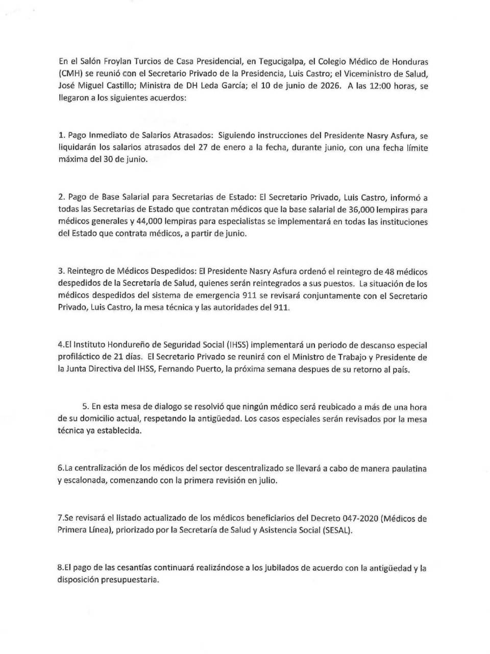 Estos son algunos de los acuerdos que se alcanzaron entre el Colegio Médico y el Gobierno.