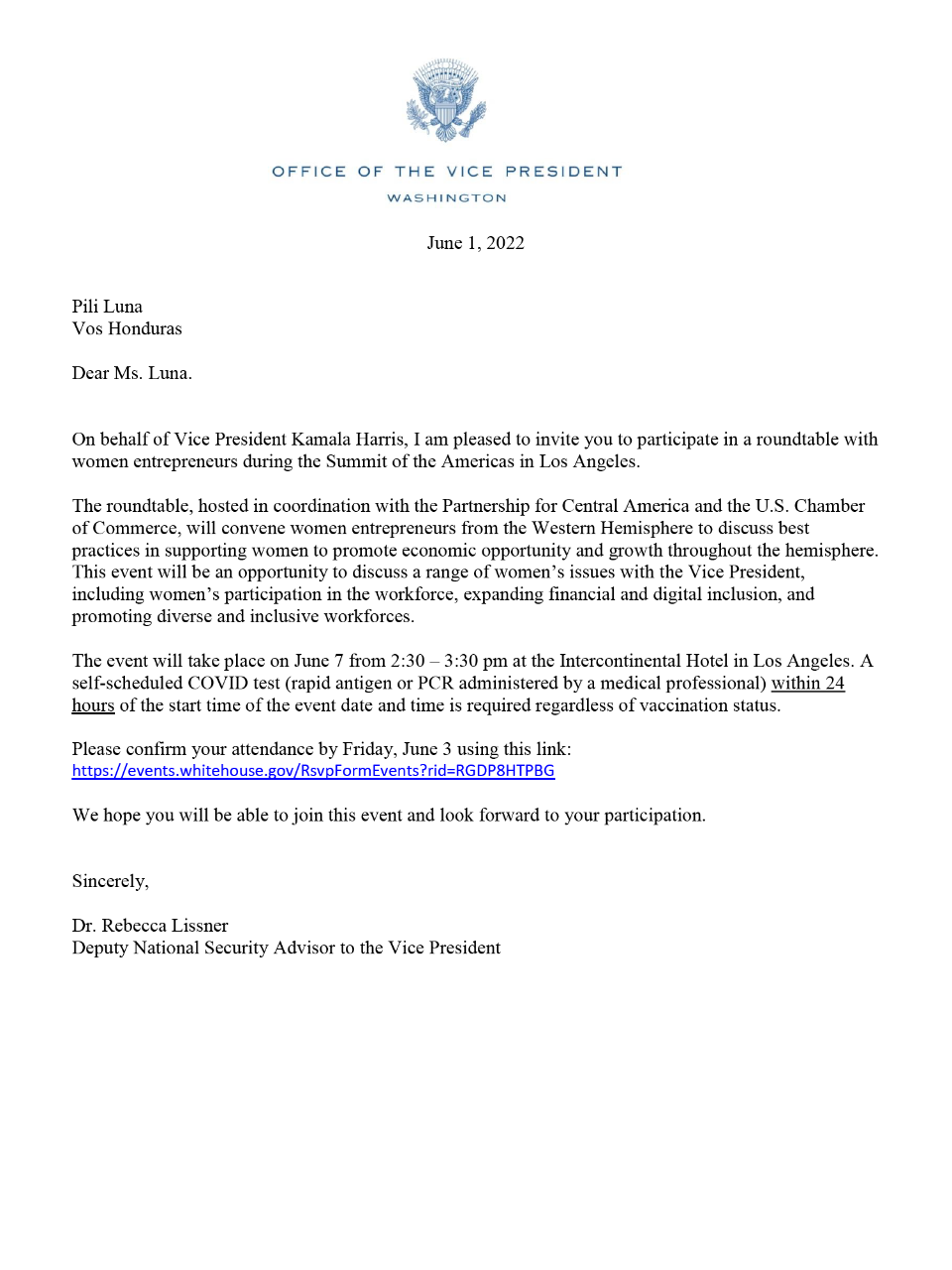 Hondureña Pili Luna es invitada por Kamala Harris a evento de mujeres emprendedoras en Cumbre de Las Américas