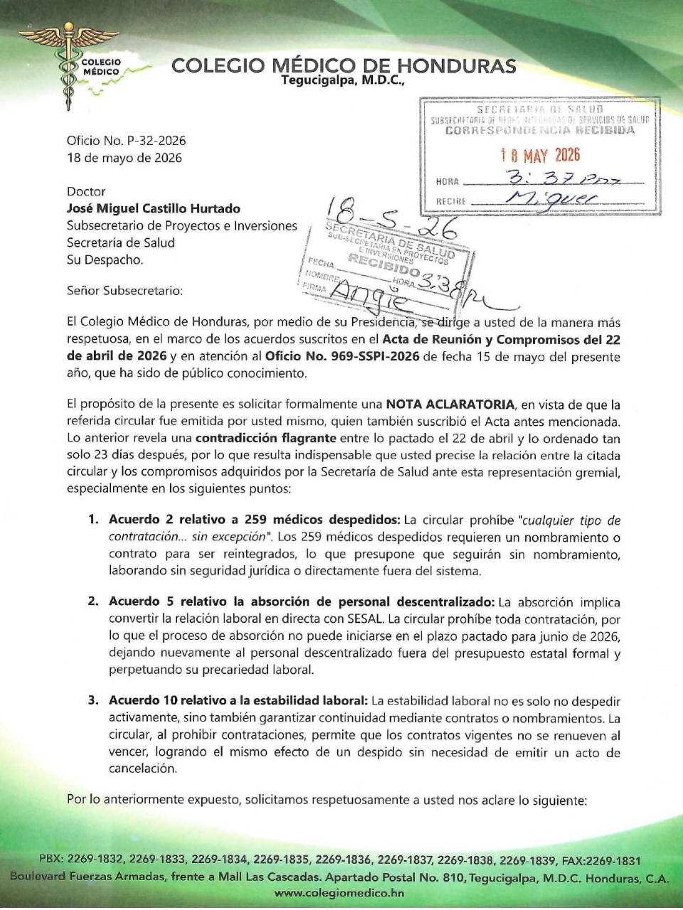 El Colegio Médico envió el oficio al viceministro de Salud, José Miguel Castillo, en el que piden que se aclare la prohibición.