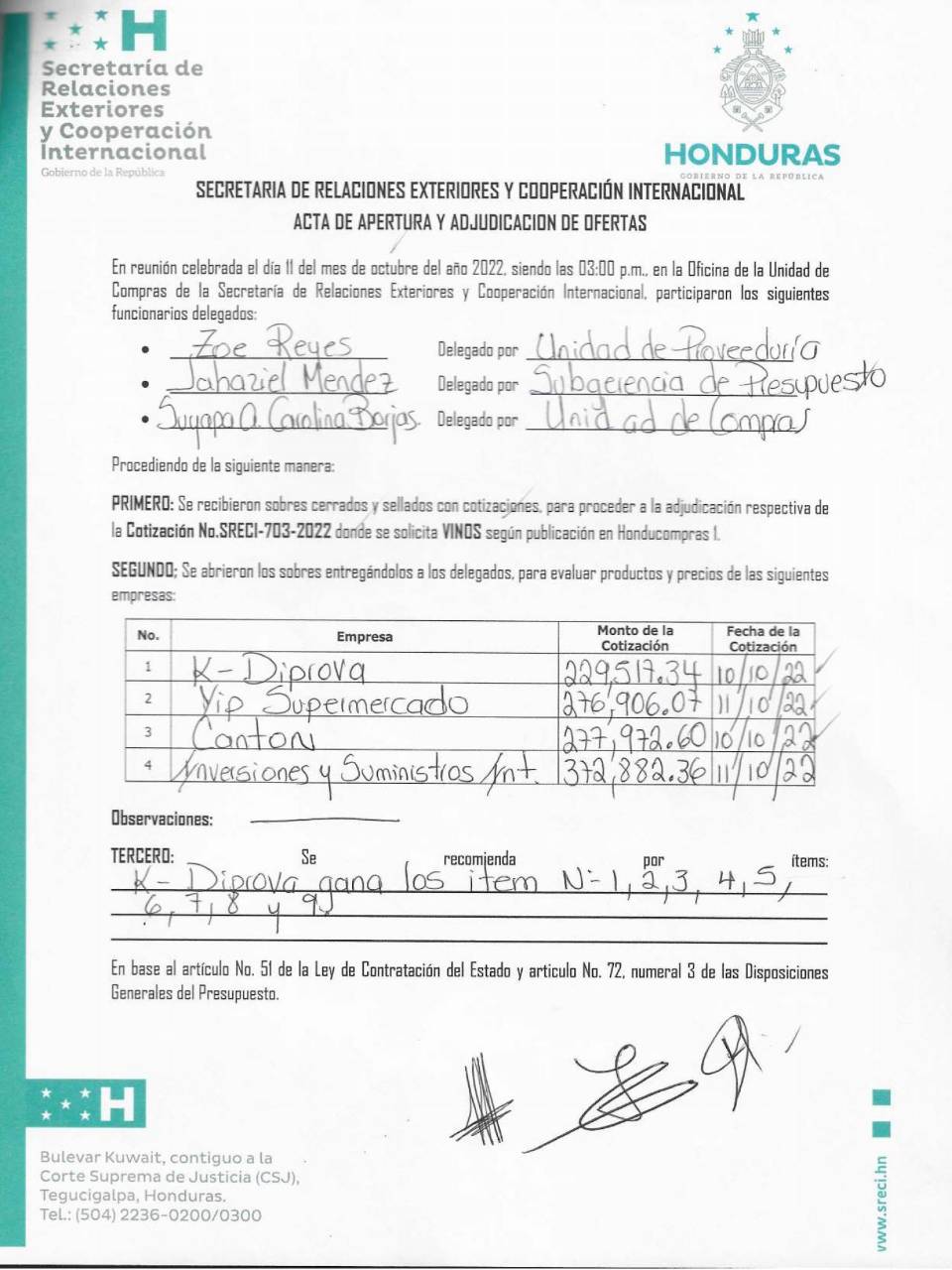 $!Constancia de las ofertas recibidas para la compra de las botellas.