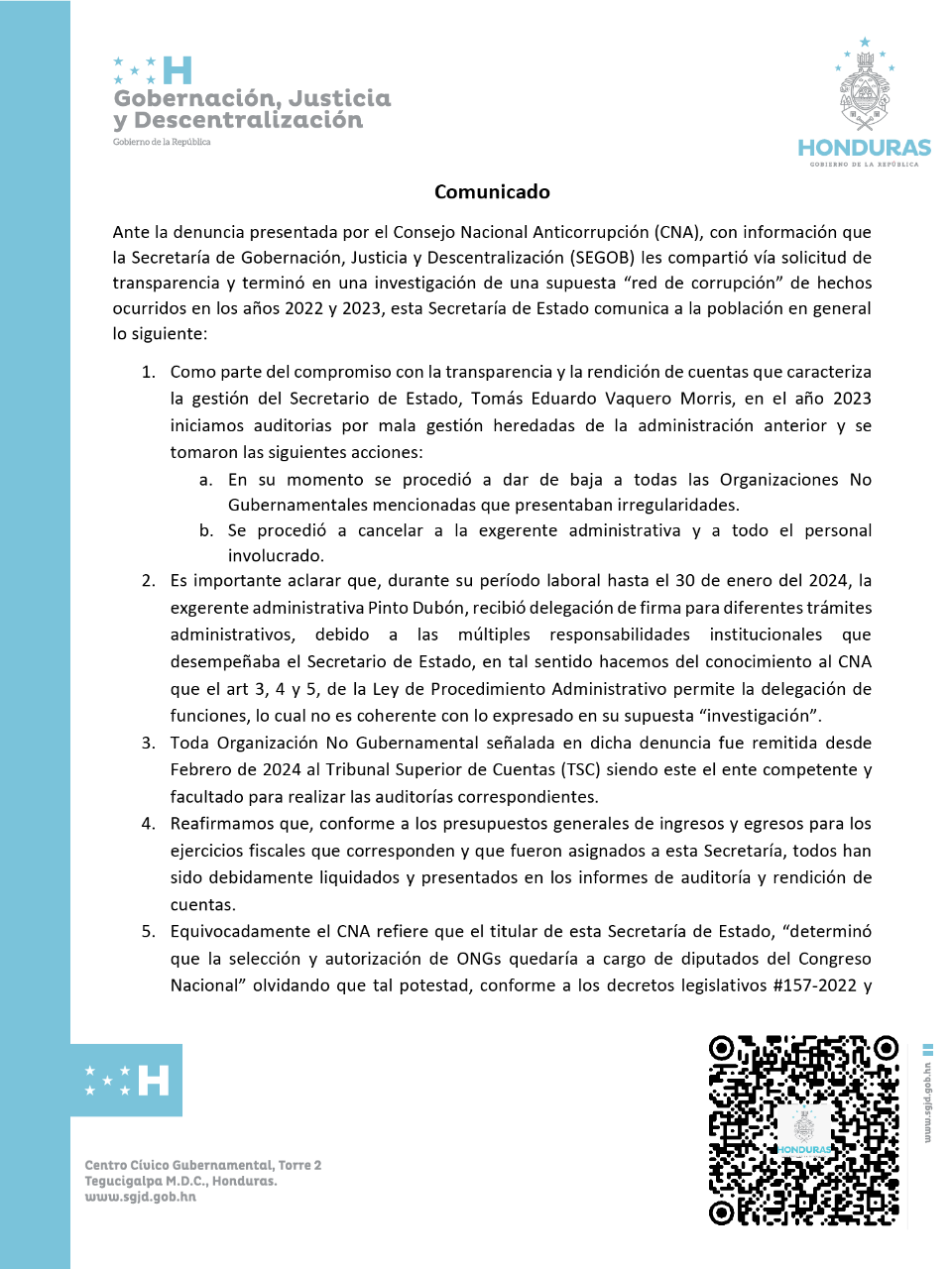 Gobernación rechaza denuncia del CNA sobre presunta corrupción en fondos de ONG