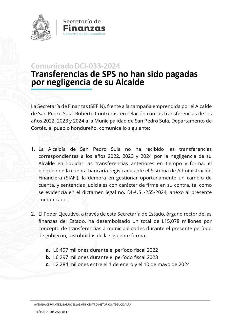 Finanzas acusa a Roberto Contreras de “negligente” por no liquidar transferencias de SPS