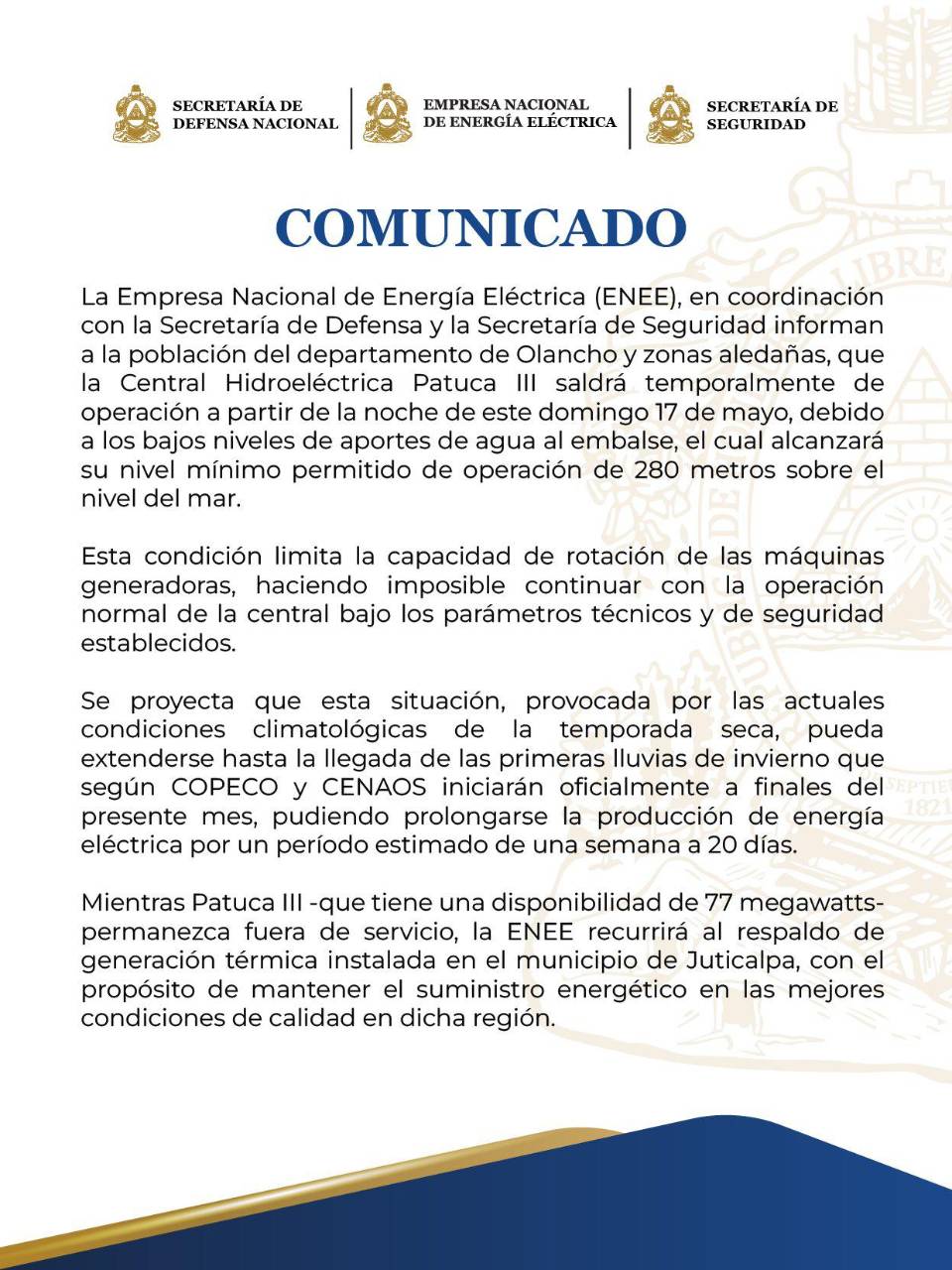 Olancho enfrentará apagones tras suspensión temporal de operaciones en Patuca III