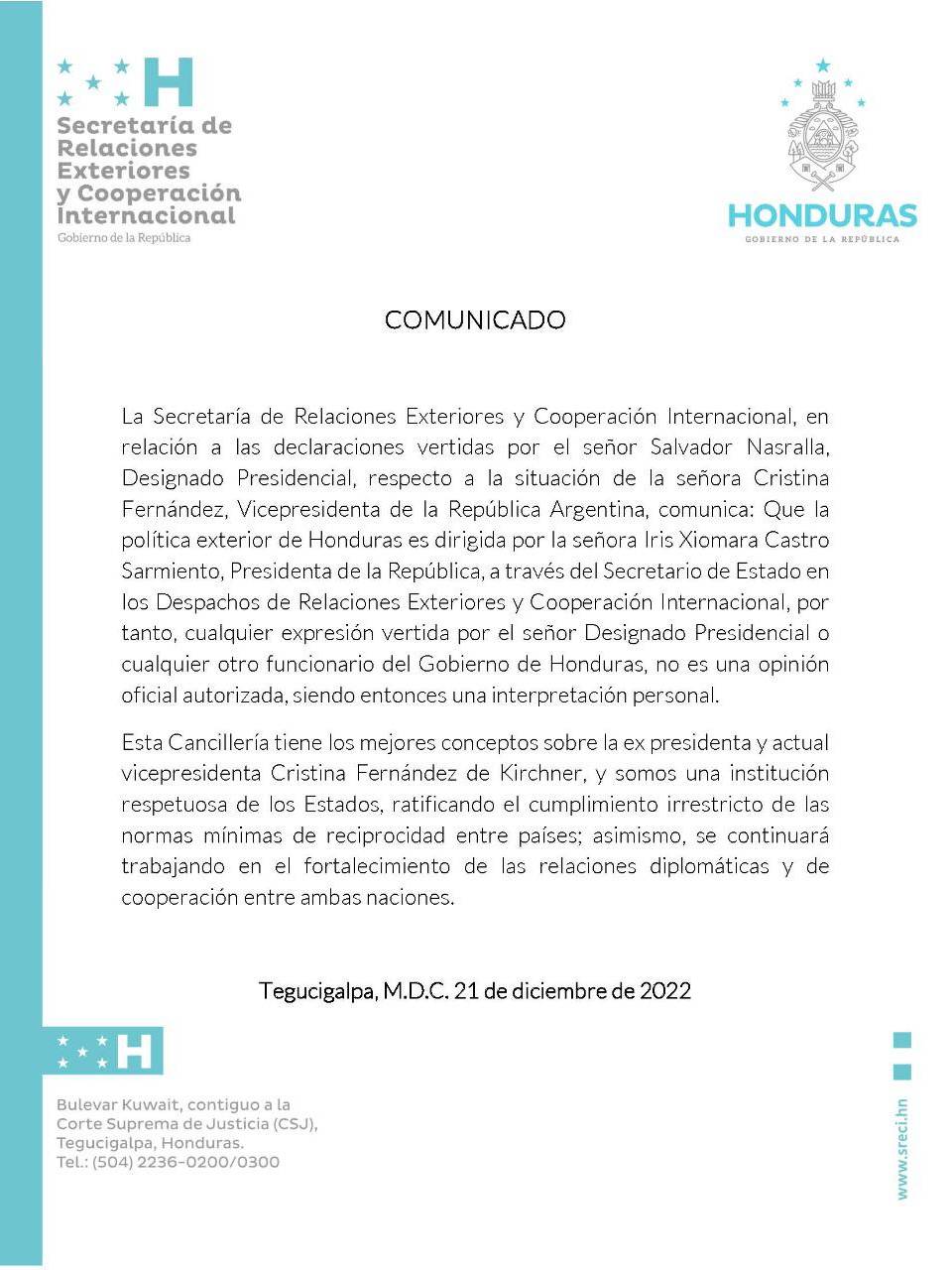 Cancillería sobre declaraciones de Nasralla referente a Kirchner: “la política exterior es dirigida por Xiomara Castro”