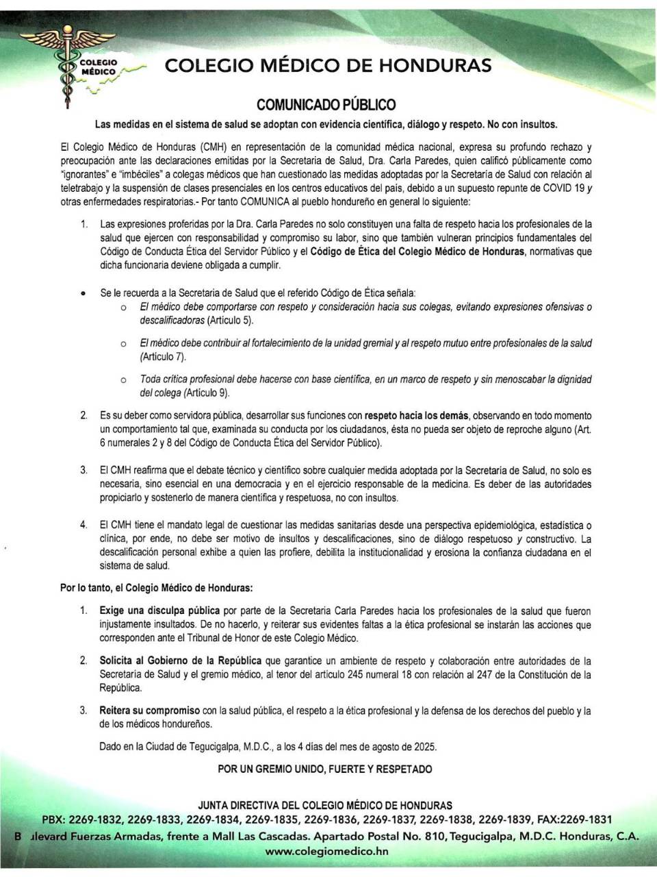 Este lunes el CMH emitió el comunicado en el que rechazan lo dicho por la ministra de Salud.