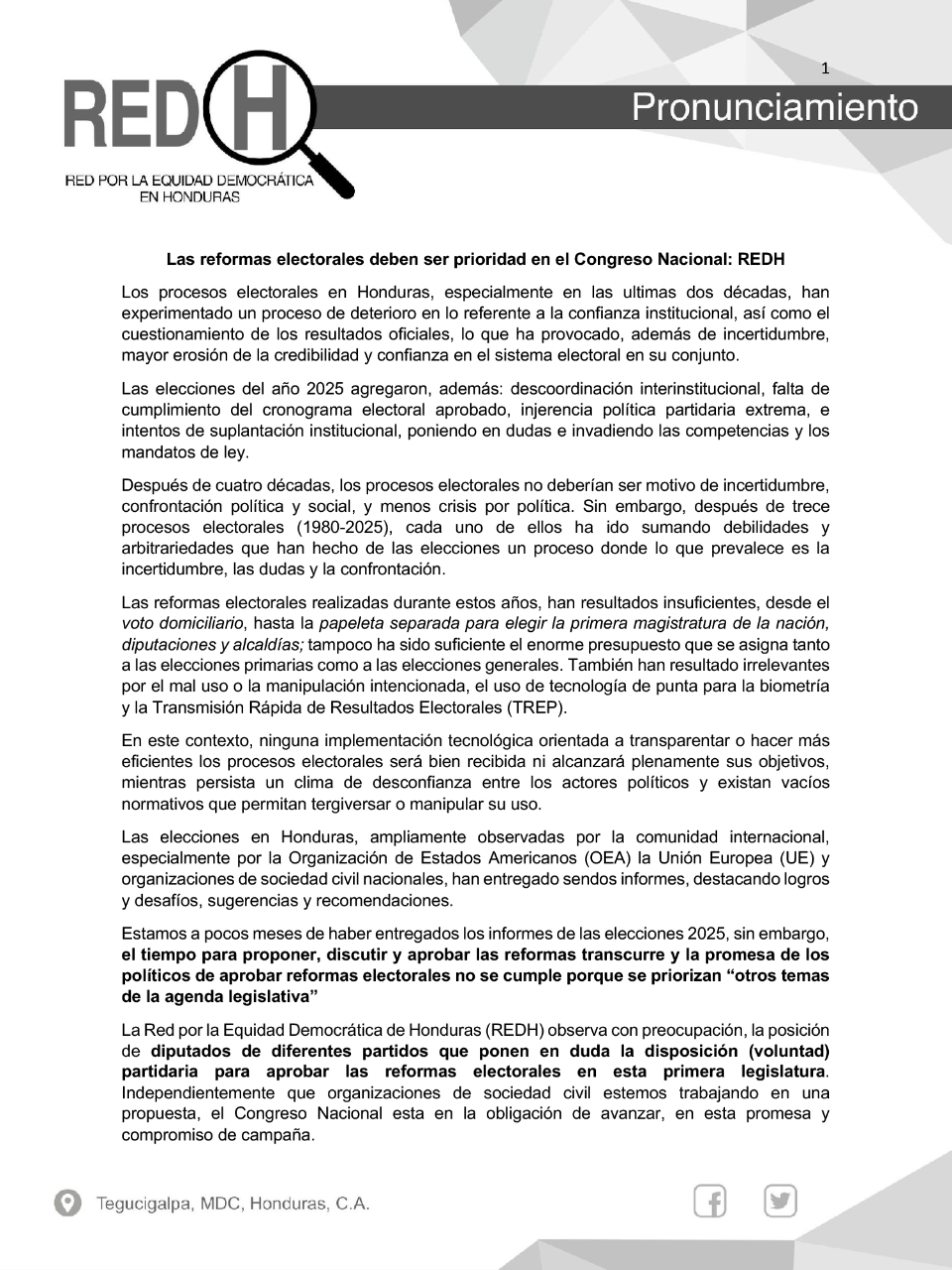 REDH pide que reformas electorales sean prioridad en el Congreso Nacional