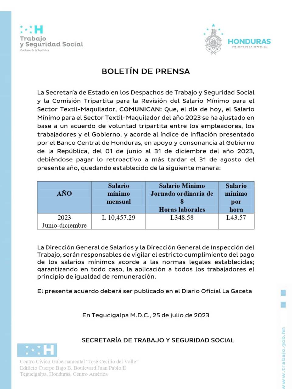 Acuerdan nuevo ajuste al salario mínimo de maquilas en Honduras