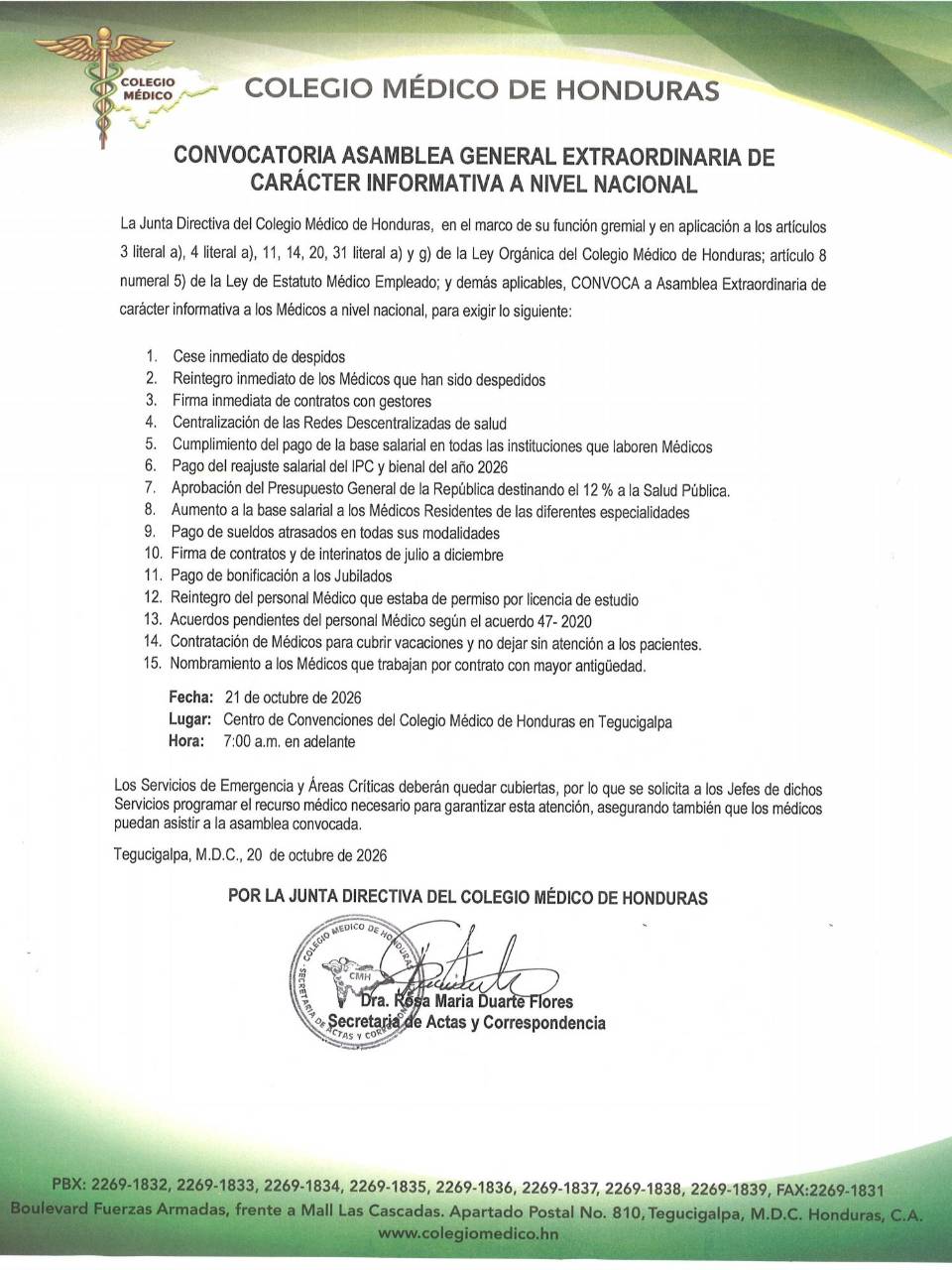 El Colegio Médico convocó a sus afiliados para este miércoles 21 de octubre a seguir en asambleas informativas a nivel nacional.