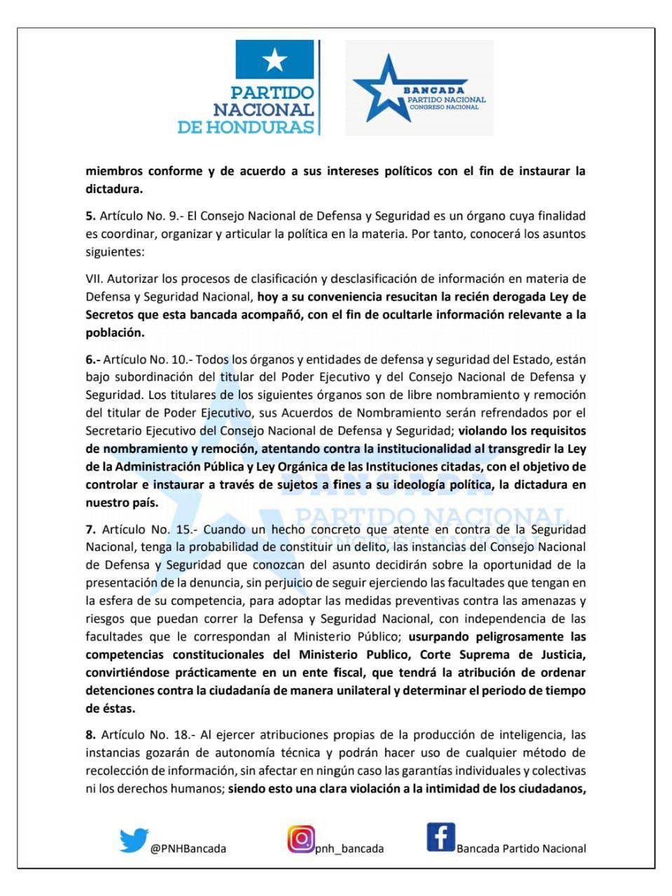 Partido Nacional dice que nueva Ley del CNDS criminaliza la libre expresión y resucita la Ley de Secretos
