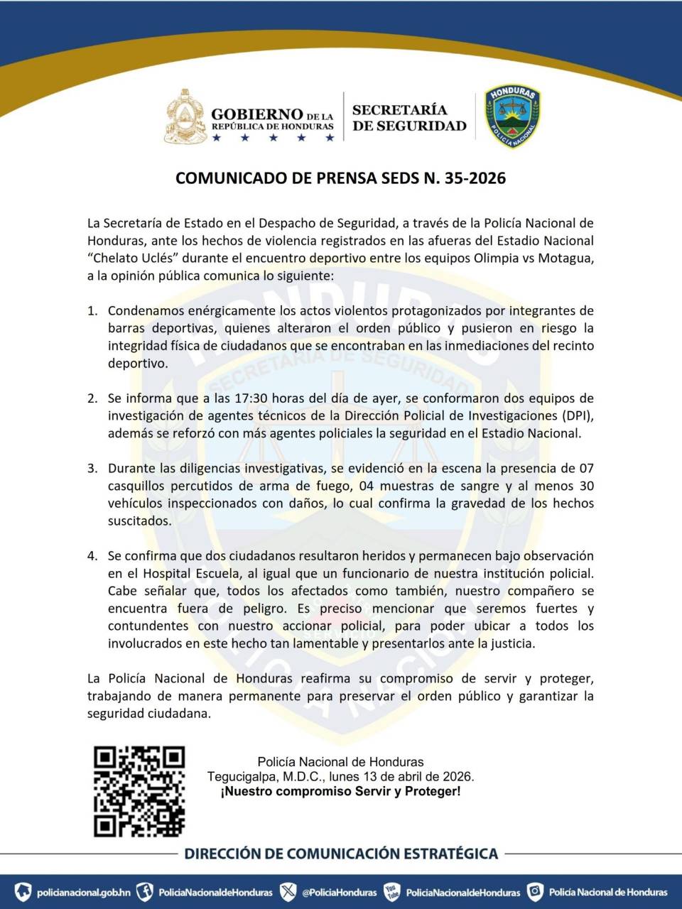 Policía Nacional sobre incidentes en el clásico: Se encontraron casquillos de bala