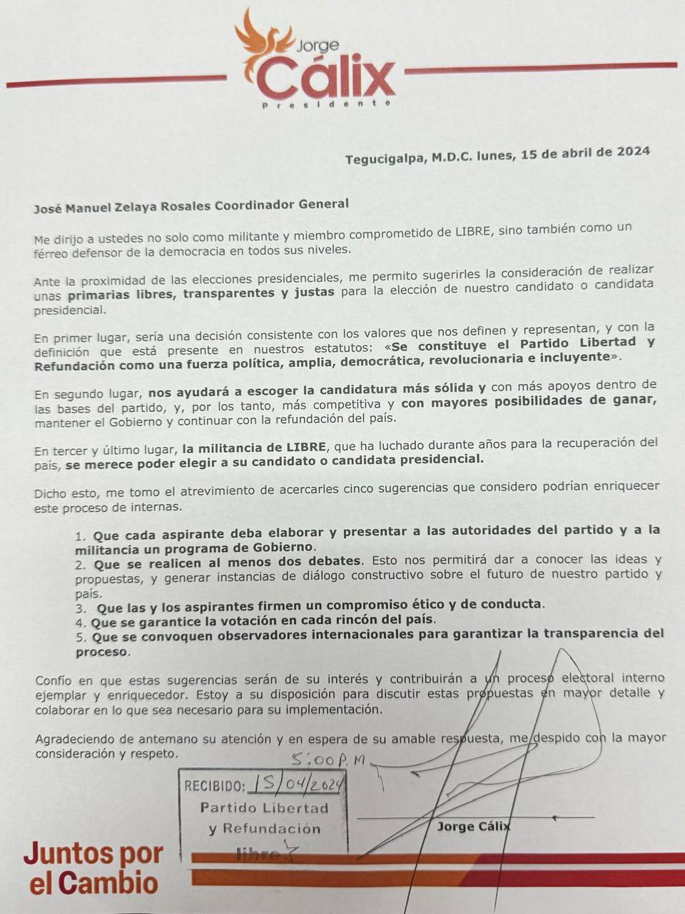 Cálix propone que precandidatos presidenciales de Libre participen en al menos dos debates