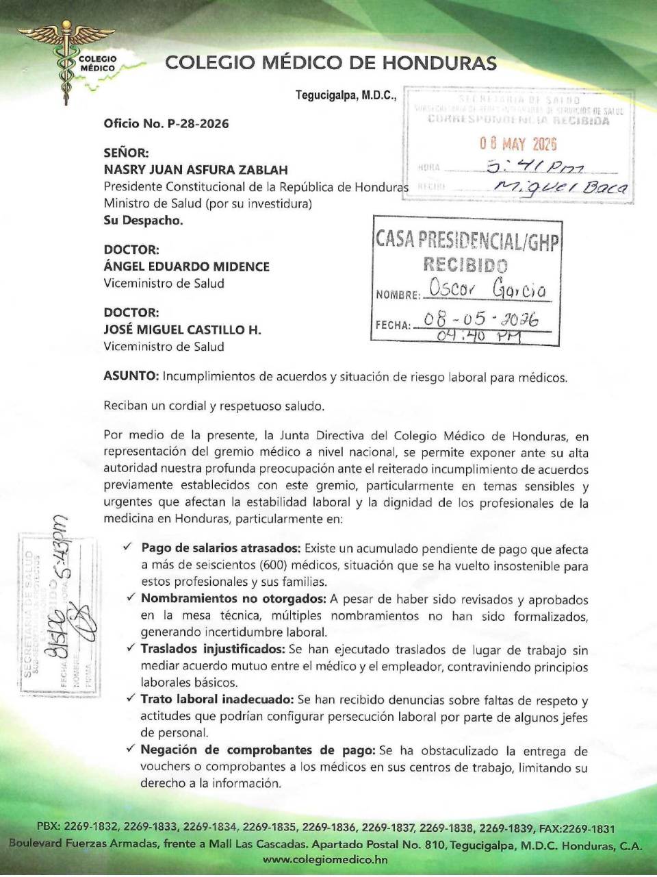 Representantes del CMH enviaron el oficio al presidente de la República, Nasry Asfura.