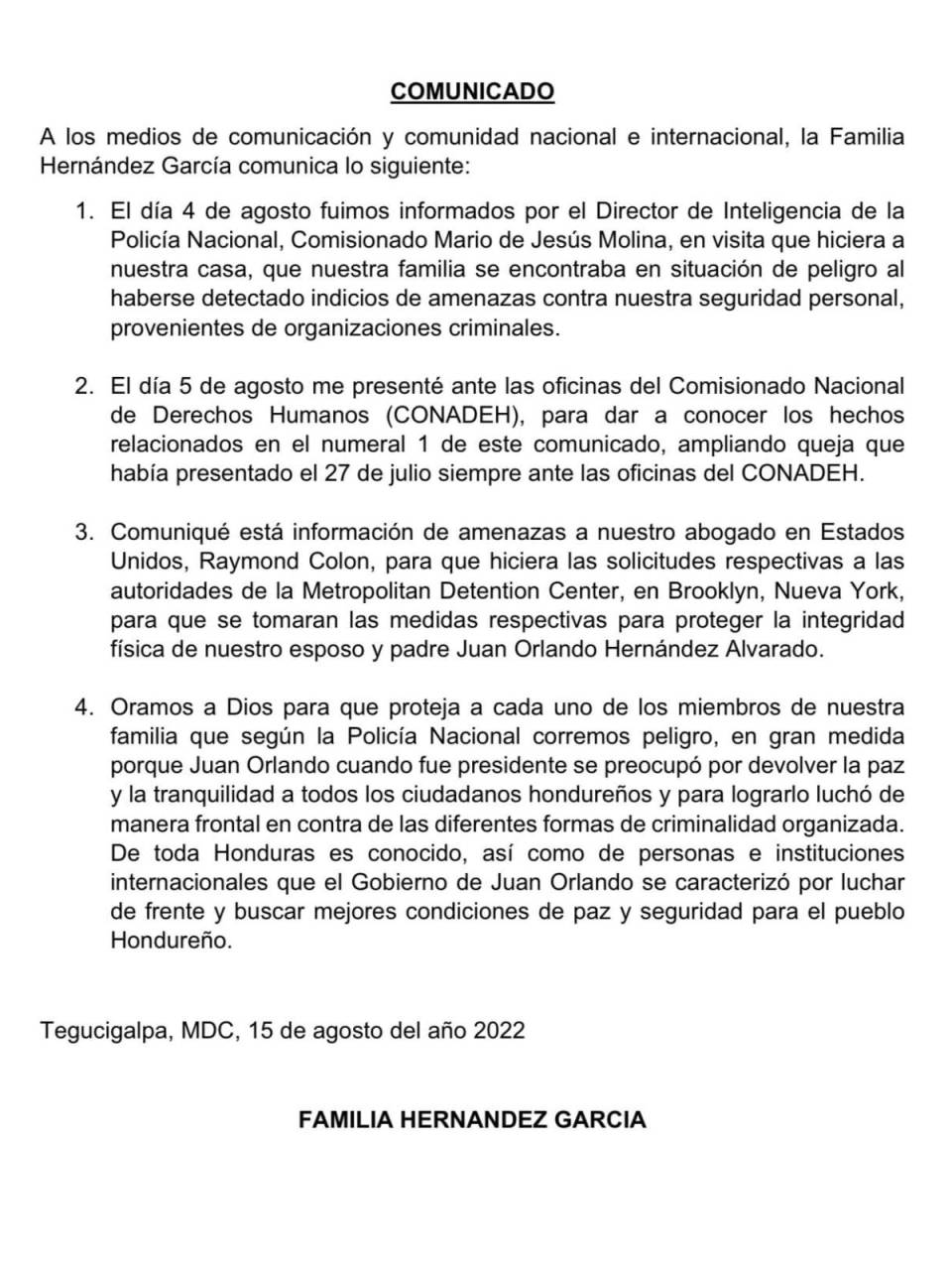 El comunicado publicado por la familia Hernández García ante las supuestas amenazas.