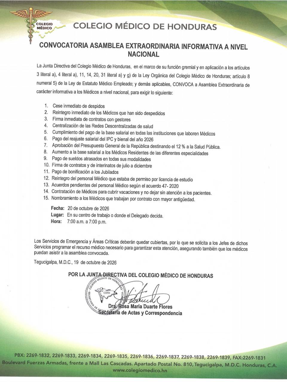 La junta directiva del Colegio Médico convocó a sus afiliados para ese martes 20 de octubre a una nueva jornada de asambleas informativas a nivel nacional.