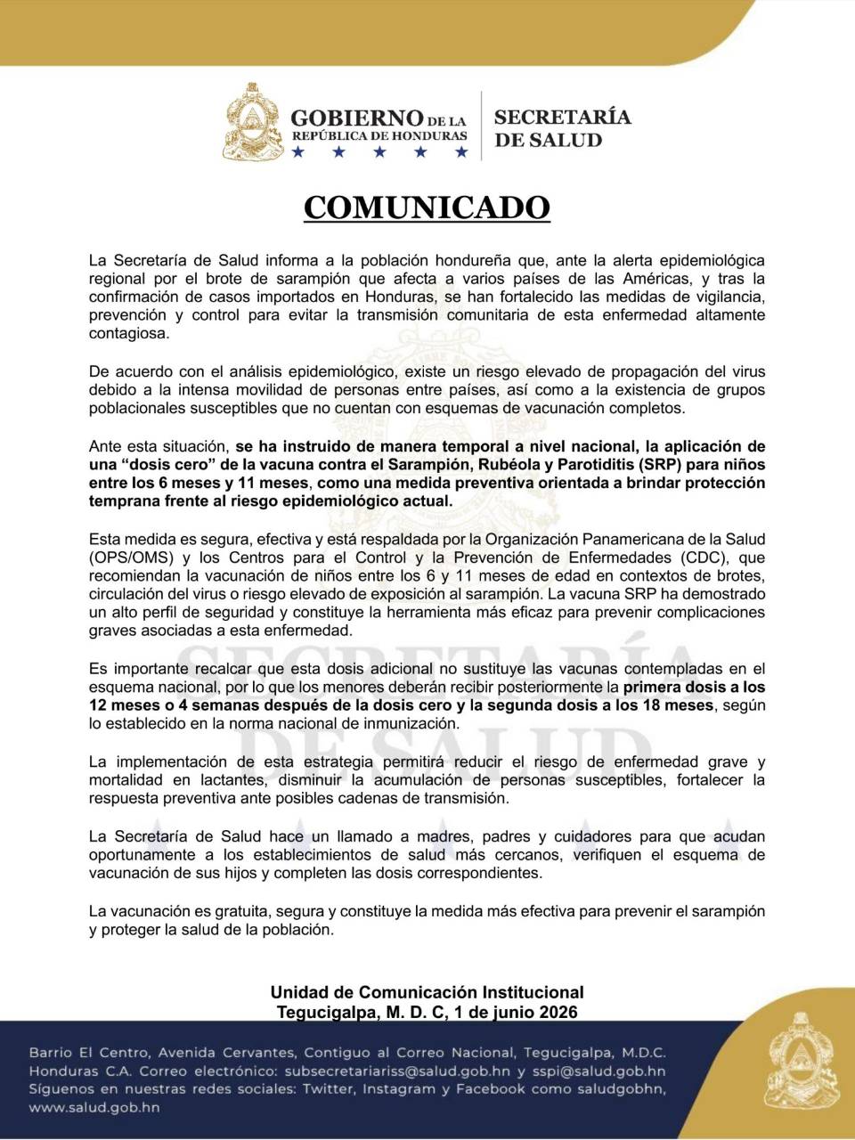 La Secretaría de Salud informó sobre la aplicación de una dosis de la vacuna contra el sarampión, rubéola y paperas a los menores de 11 meses.