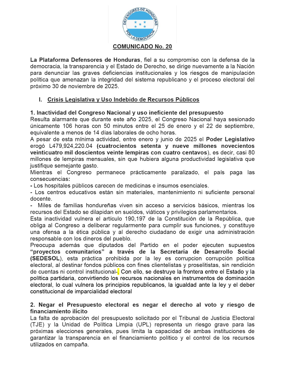 Defensores de Honduras denuncia manipulación política en el proceso electoral