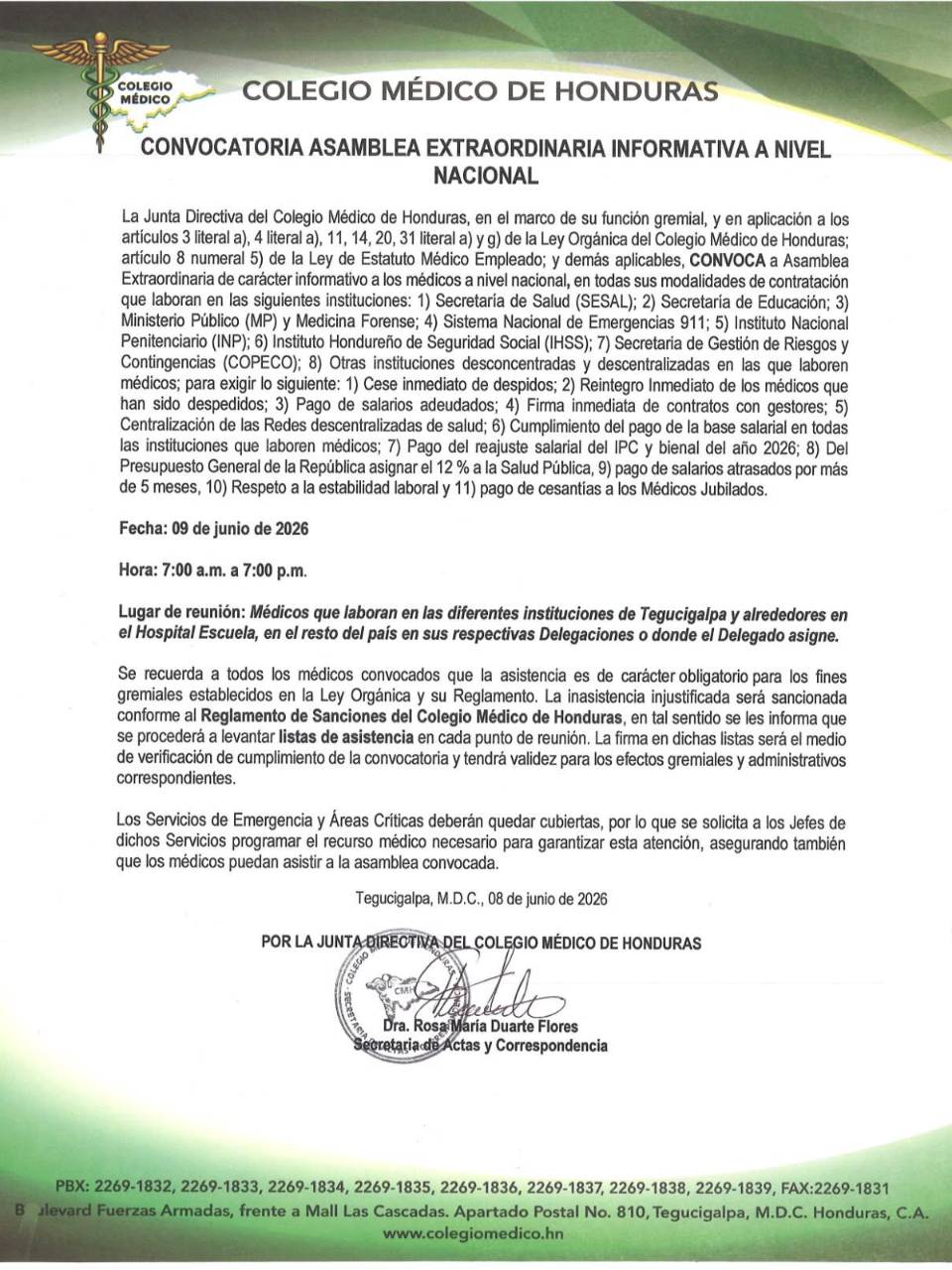 El Colegio Médico convocó a los galenos a continuar las asambleas informativas este martes 9 de junio.