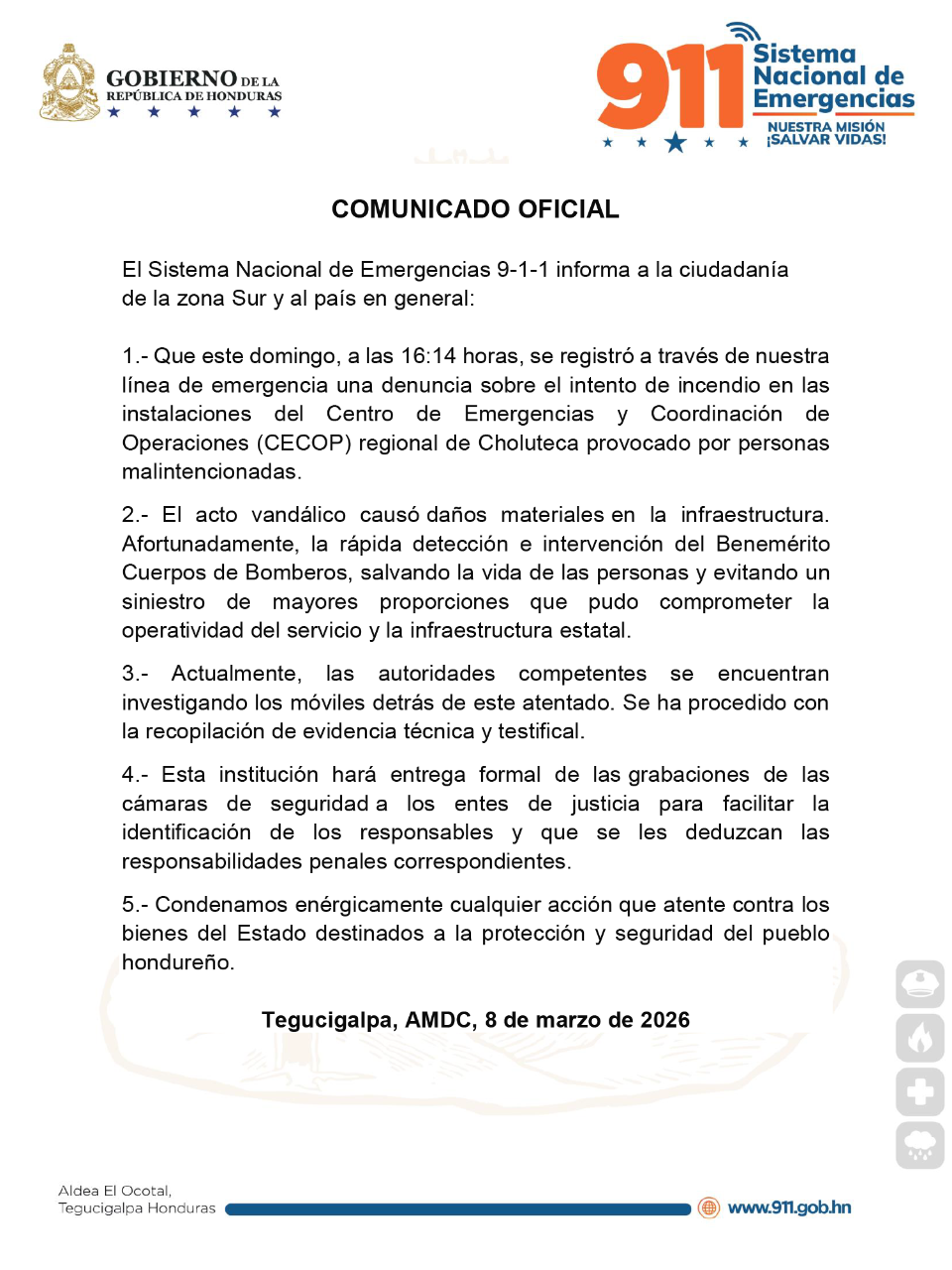 911 denuncia intento de incendio en sus instalaciones en Choluteca