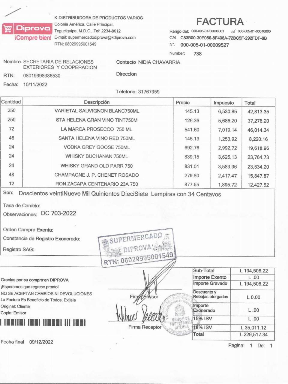 $!Orden de compra de las 752 botellas de bebidas alcohólicas.