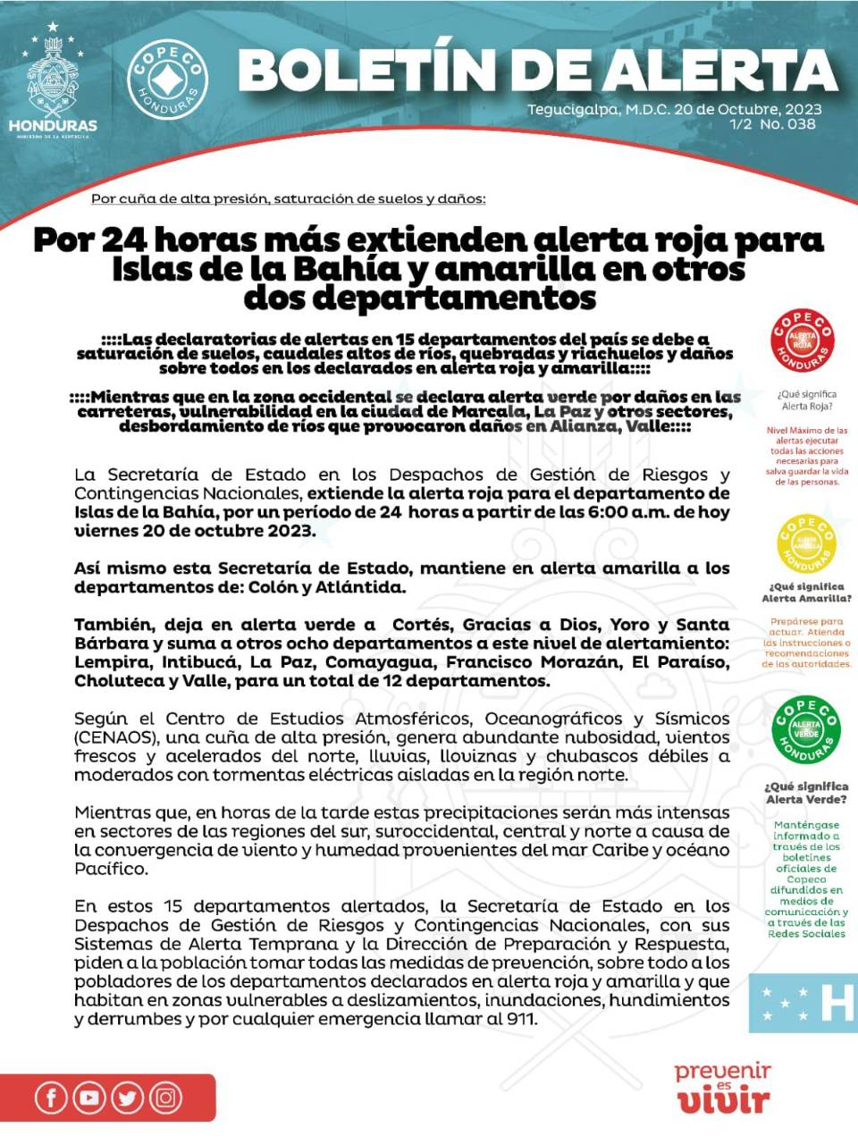 Alerta roja sigue en Islas de la Bahía; 12 departamentos en alerta verde