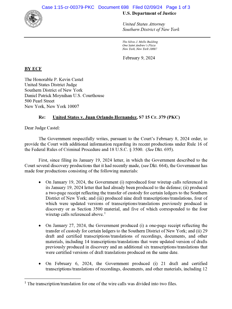 $!Corte recibe escrito clasificado de la Fiscalía previo al juicio contra JOH