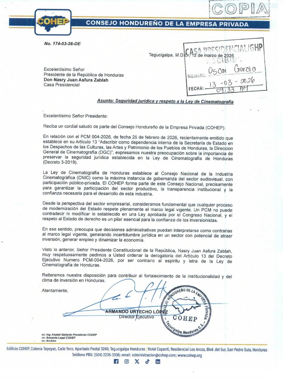 Cohep pide a Nasry Asfura derogar artículo de PCM que modifica estructura de la cinematografía en Honduras​​​​