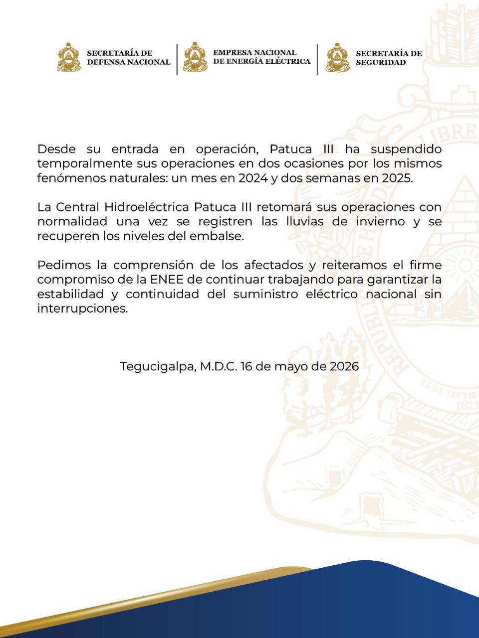 Olancho enfrentará apagones tras suspensión temporal de operaciones en Patuca III