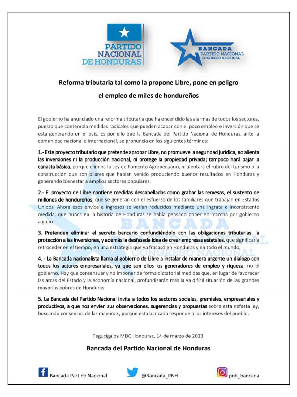 Bancada del Partido Nacional asegura que Ley de Justicia Tributaria “pone en peligro empleos de hondureños”