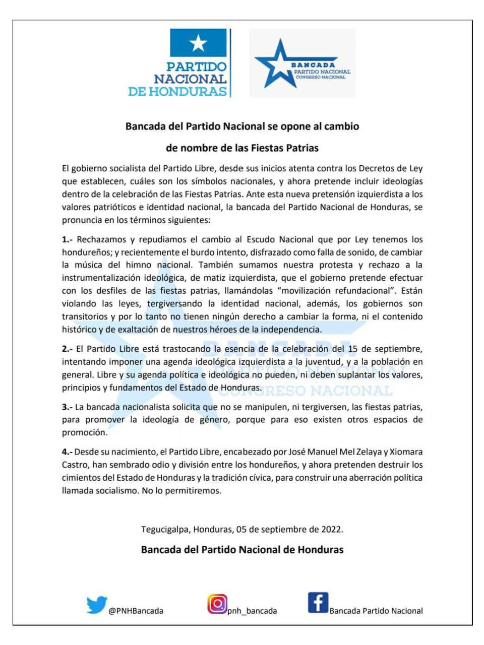 Bancada del Partido Nacional: “Libre está trastocando la esencia de la celebración del 15 de septiembre”