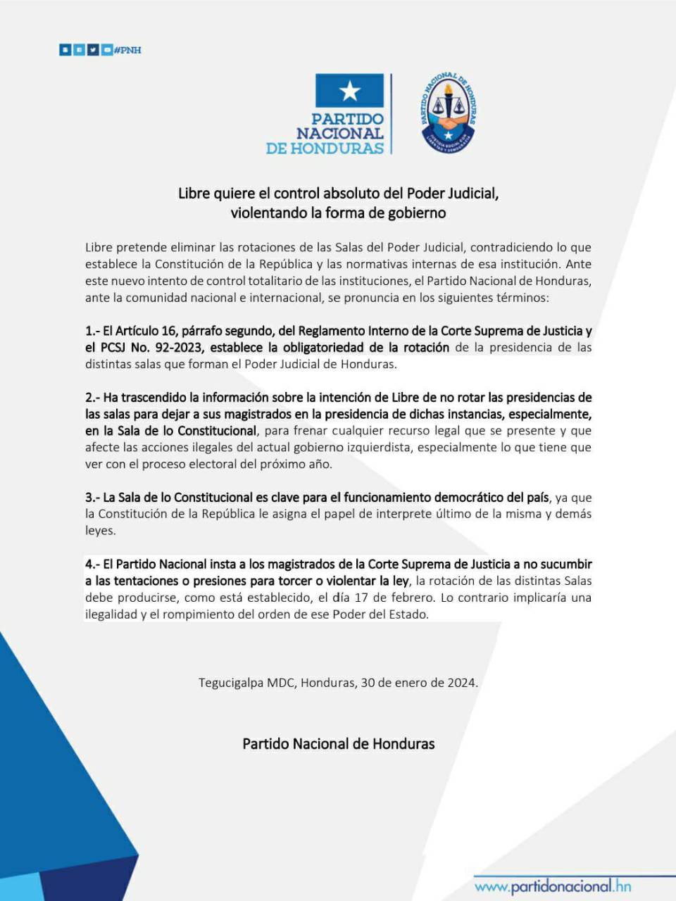 Partido Nacional rechaza intenciones de Libre de “control absoluto” en la CSJ