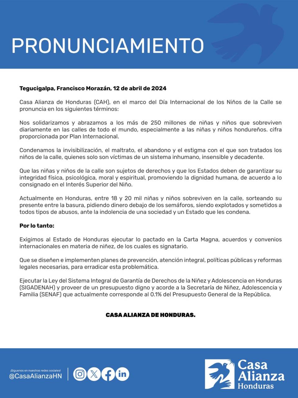 Pronunciamiento de Casa Alianza en el Día Internacional de la Niñez en Situación de Calle