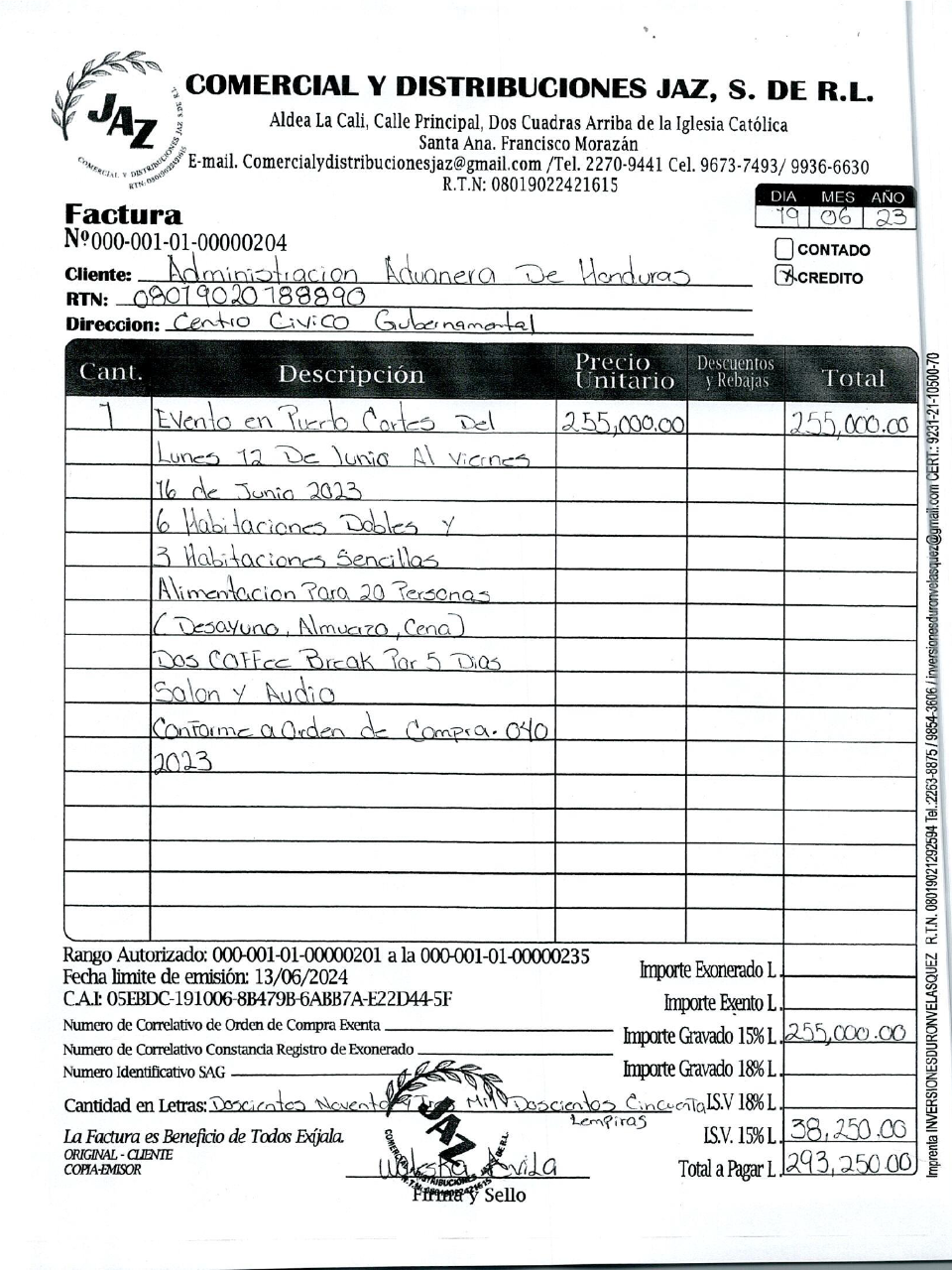 $!Copia de la factura por el pago de hotel a la papelería.