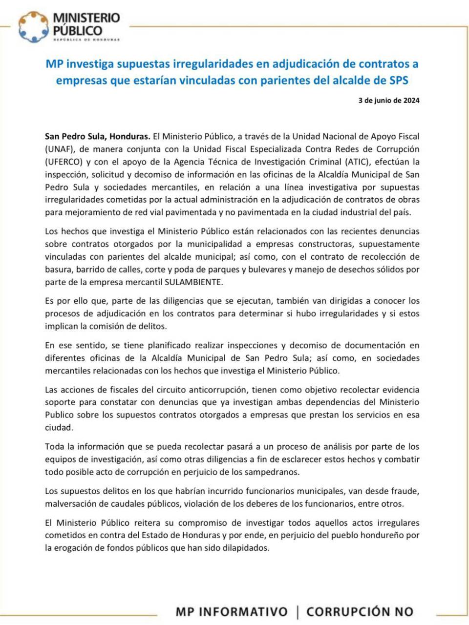 Investigan Alcaldía de SPS por contratos a supuestos parientes de Roberto Contreras