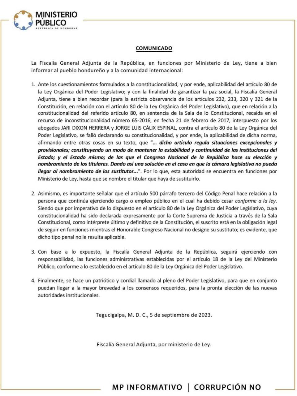 Confirman a Daniel Sibrián como titular del Ministerio Público hasta nombrar a nuevos fiscales