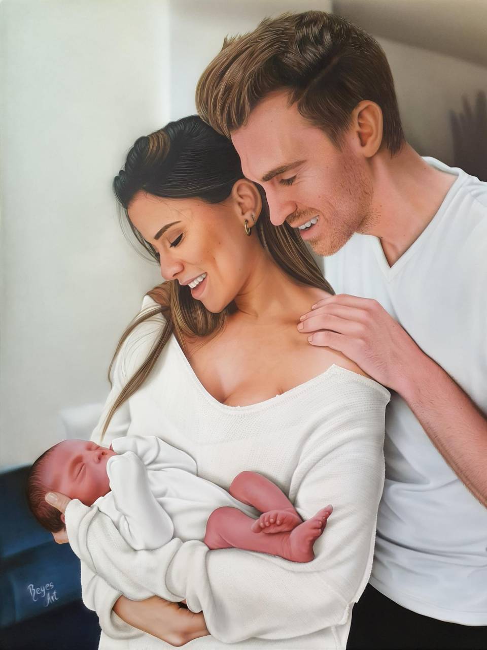 El corredor y campeón de la Fórmula 1, Oliver James Webb junto a su esposa y su bebé.