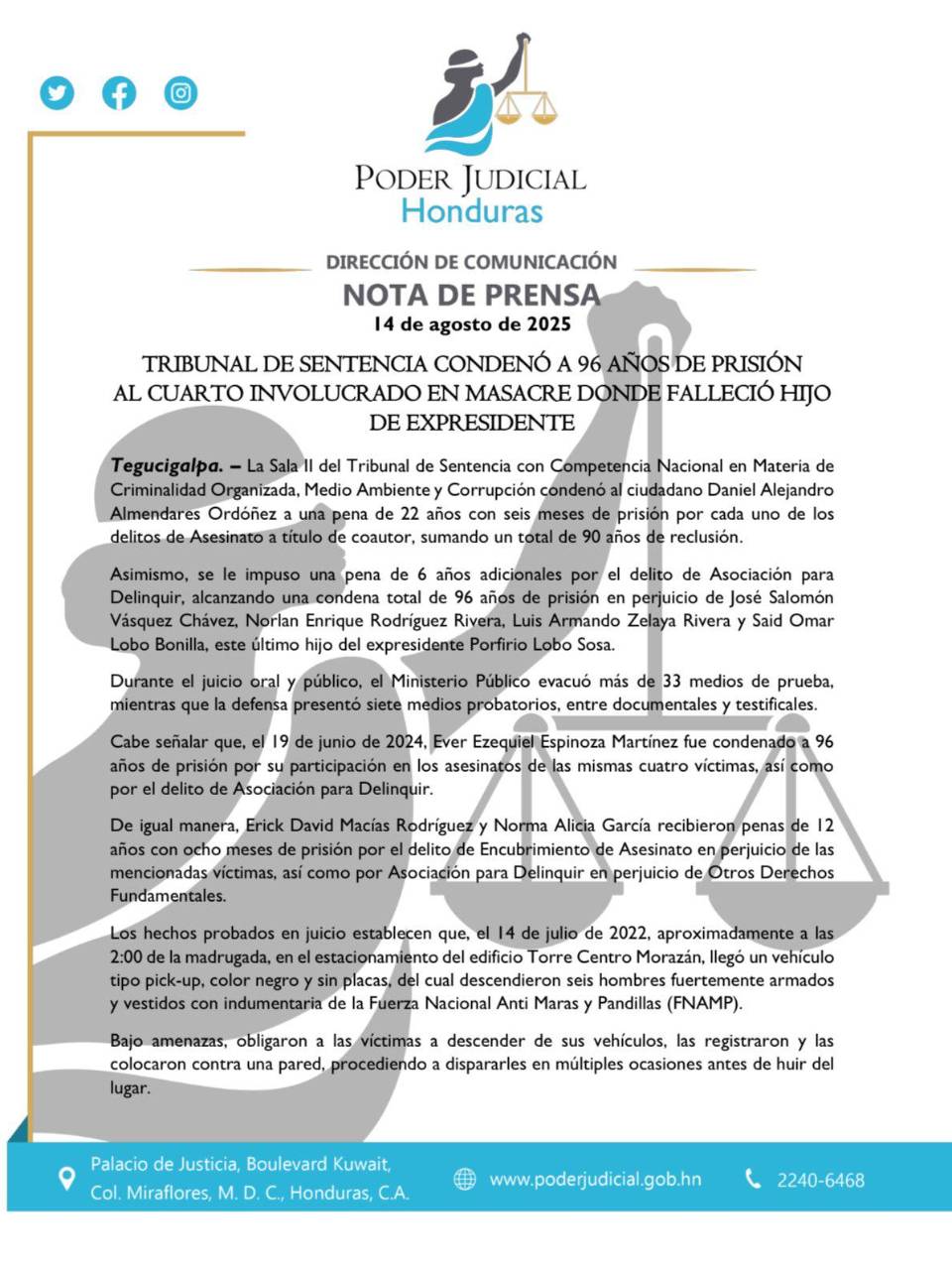 Condenan a 96 años de prisión a involucrado en muerte de Said, hijo de Porfirio Lobo