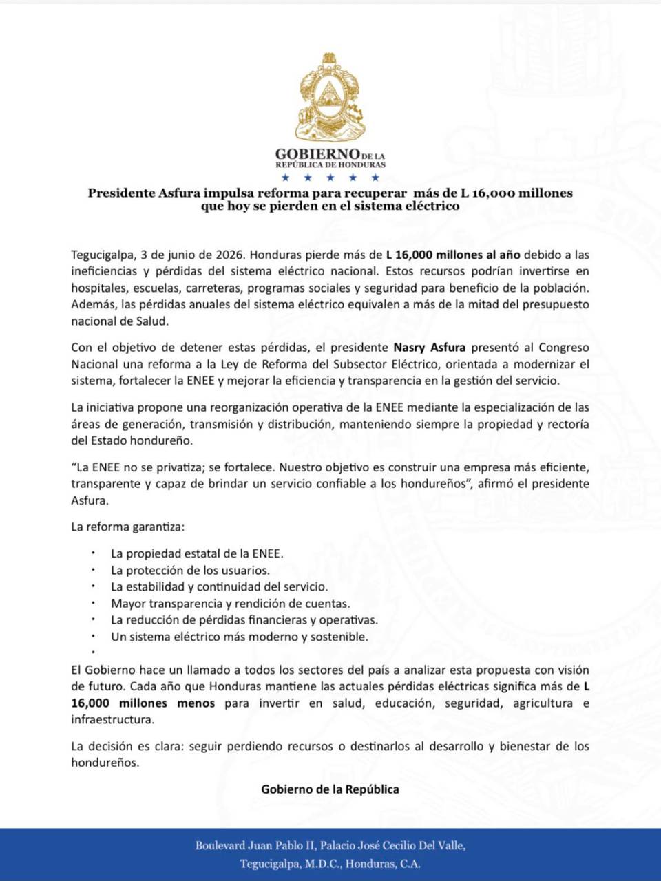 Presidente Asfura presenta reforma a ley de energía: la ENEE no se privatiza; se fortalece